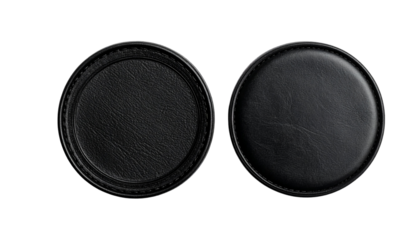 Pair of Round Black Leather Patches or Coasters with Stitching Isolated