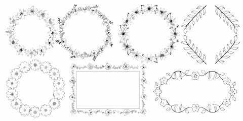 Collection of hand drawn floral wreaths circles frames borders and decorative elements in black and white