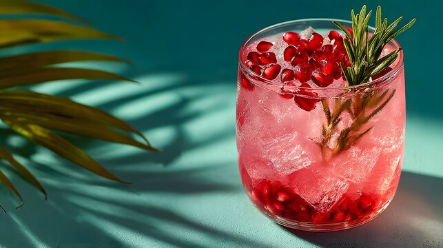 Refreshing and elegant pink cocktail in a wine glass is garnished with pomegranate seeds and rosemary, set against a pale green background.