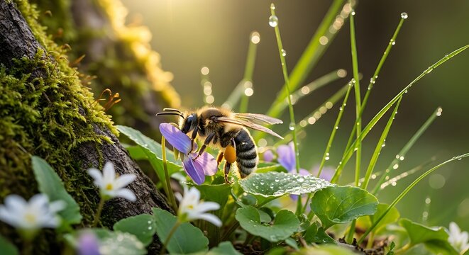 Bee collecting nectar from a purple flower in a mossy forest with morning dew.