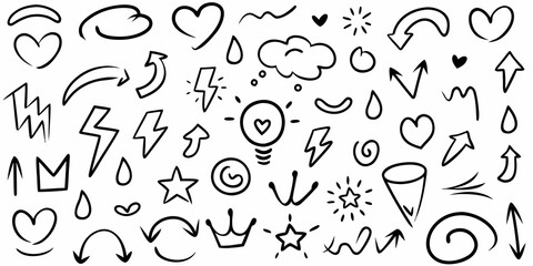 Collection of hand drawn black doodle elements including hearts arrows lightning bolts clouds stars and crowns on a white background
