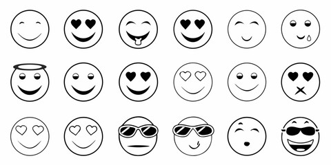 Collection of black and white outline smiley face icons with various expressions and emotions