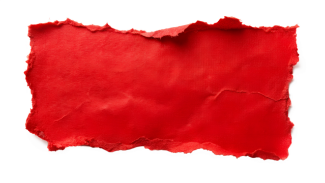 Torn piece of red paper with rough edges, isolated on transparent background