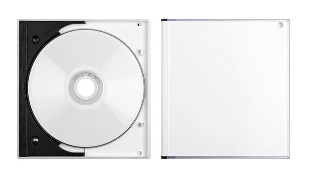 Overhead shot of an open, clear disc case, partially open with a reflective disc inside, and the closed case next to it