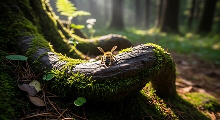 Bee on mossy tree root in sunlit forest.