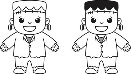 Frankenstein cartoon character black and white outline with partial color version, halloween monster illustration, spooky vector art, cad drawing flat vector illustration