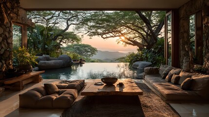 Fototapeta premium Stunning, open-plan living space in a tropical villa provides a direct view into a lush jungle and an infinity pool, filled with warm sunset light.