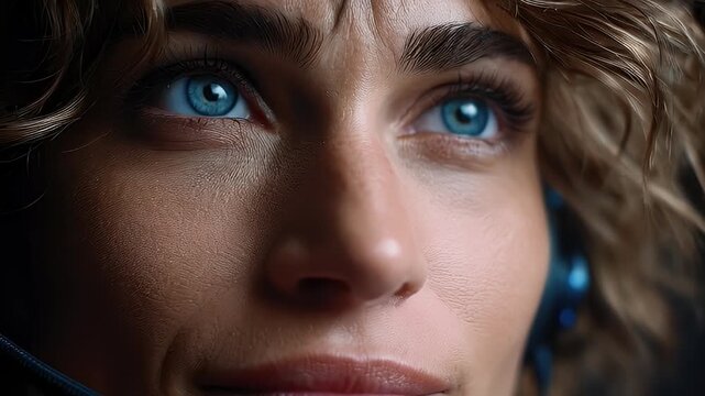 Woman with blue eyes wearing headset focused expression