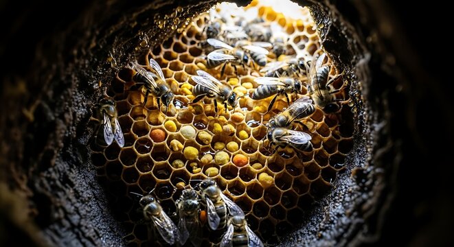 Close-up of a Beehive with Honeycomb and Bees.
