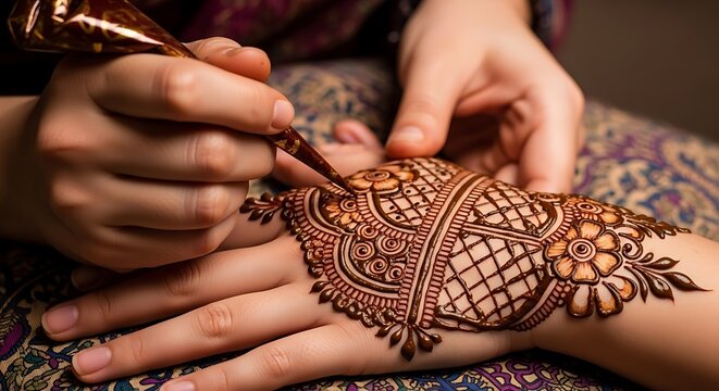 Close-up of intricate henna design being applied to a womans hand.
