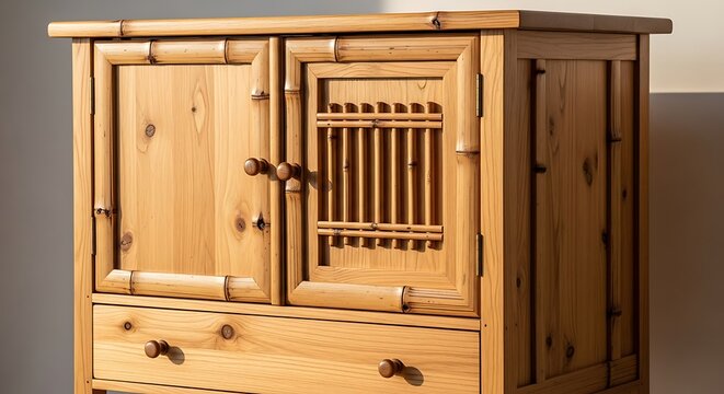 Antique Wooden Cabinet with Bamboo Accents and Drawers.
