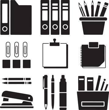 Black and White Silhouette Vector Set of 9 Filing and Stationery Objects Folders Binders Sticky Notes Paper Clips Pens Pencils Markers Stapler Desk Organizer