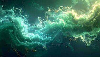 An abstract image features swirling, ethereal streams of green and turquoise hues with subtle golden accents. The colors blend