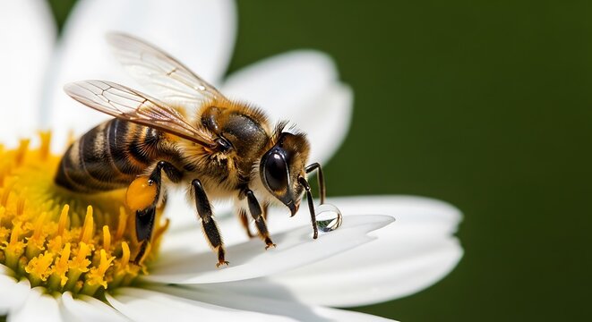 Honey Bee Collecting Nectar from a White Daisy Flower.