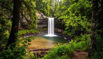 A waterfall cascades into a tranquil pool, framed by lush greenery and towering trees within a forest setting