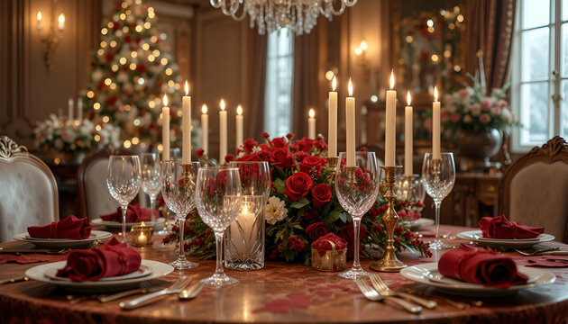 Elegantly set christmas dinner table with candles and red roses in a festive dining room setting