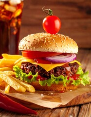 A close-up shot of a classic burger with sesame seed bun, stacked with toppings and a side of french fries