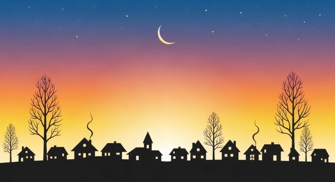 Silhouette of a village at dusk with a crescent moon and colorful sky
