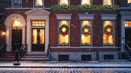 Festive Holiday Decor adorns Traditional Townhouses on a Snowy Evening, creating a warm and inviting winter wonderland atmosphere