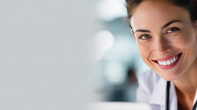 Radiant Wellness: A close-up shot of a radiant healthcare professional, embodying compassion and care, shares a warm, genuine smile. Her image is a beacon of health and trustworthiness.