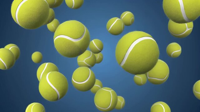 Dynamic 3D animation of many vibrant yellow-green tennis balls floating and falling against a clean blue background, ideal for sports themes and energetic visuals.