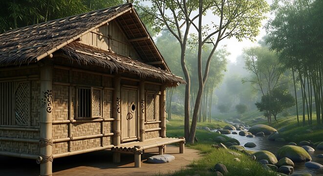 Rustic Bamboo Hut Nestled in a Serene Forest with a Flowing Stream.