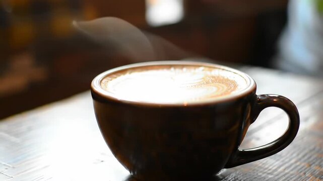Close-up of coffee cup, steam rising in a cafe setting, background blurred, usable for cozy feelings