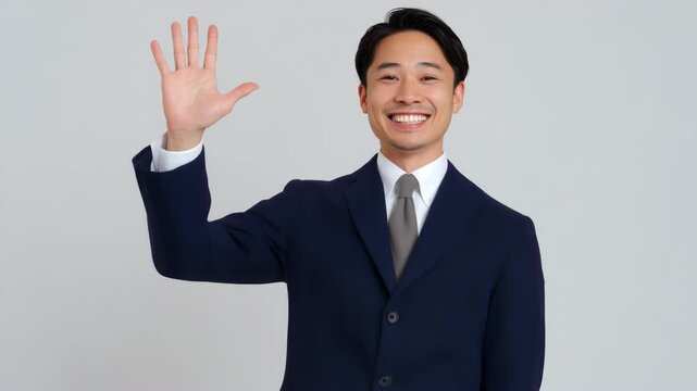 男性がスーツ姿で笑顔で明るく手を振って挨拶