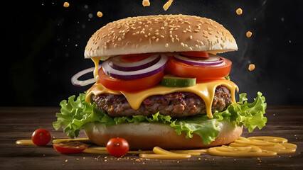 Hamburger with french fries on a plate on wooden table