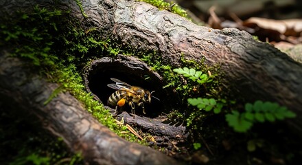 Bee entering a hole in a mossy tree trunk in the forest.