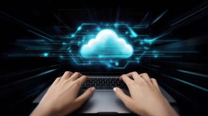 Productive person engaged in cloud computing work on laptop seamless remote collaboration and digital connectivity solution.