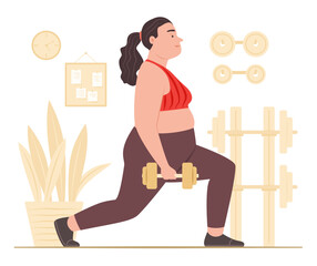 Chubby Woman Doing Lunges Exercise with Dumbbell in Fitness Gym Room for Weight Training and Healthcare Concept Illustration