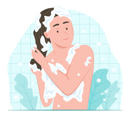 Relaxing Woman Washing Her Hair with Shampoo in Bathroom for Healthcare and Daily Hygienic Lifestyle Concept Illustration