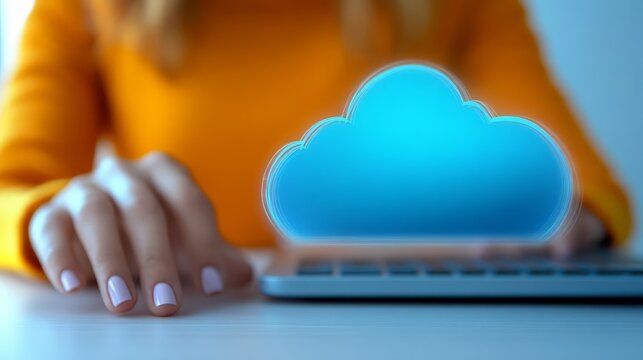 Professional woman engaging with cloud computing technology on laptop for digital solutions and connectivity.
