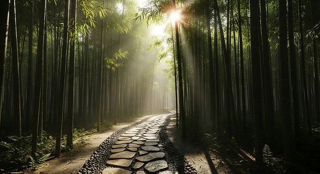 Sunlight filtering through a bamboo forest path.