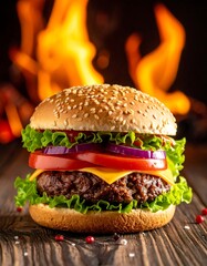A close-up shot of a sesame bun burger, piled with greens, tomato, onion and cheese, with flames in background