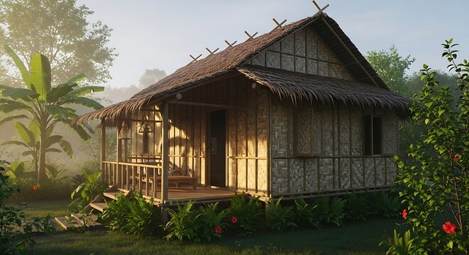 Traditional Bamboo Hut in a Lush Tropical Forest Setting.