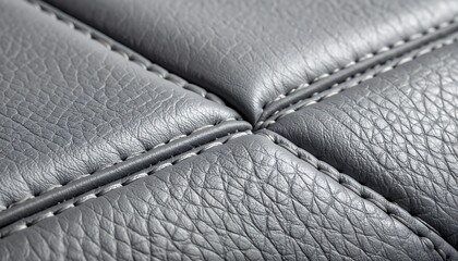 Obraz premium Close-up of gray, textured leather with a quilted pattern and visible, contrasting stitching. Surface detail and geometric design