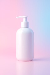 Glossy white pump bottle on soft pastel pink-blue gradient with smooth HDR glow, luxury skincare aesthetic, clean centered composition.
