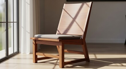 Minimalist wooden chair bathed in natural sunlight near a large window.