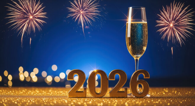 Happy new year 2026 celebration with golden numbers, sparkling champagne glass, and vibrant fireworks on blue background - Powered by Adobe