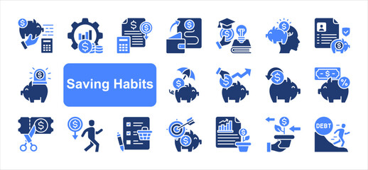 Saving habits icon set with Money management, Financial literacy, Savings plan, Emergency fund, Goal setting, Investment return, Piggy bank simple vector.