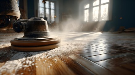 Industrial floor sander is seen in action, polishing a beautiful herringbone wooden floor, with dust particles captured in the warm workshop lighting.