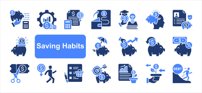Saving habits icon set with Money management, Financial literacy, Savings plan, Emergency fund, Goal setting, Investment return, Piggy bank simple vector.