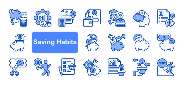 Saving habits icon set with Money management, Financial literacy, Savings plan, Emergency fund, Goal setting, Investment return, Piggy bank simple vector.