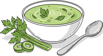 Obraz premium Artistic Lineart Celery Cream Soup Bowl with Spoon Kitchen Illustration