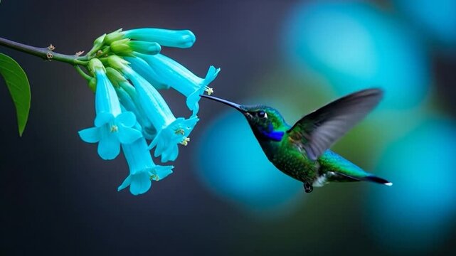 A vibrant green hummingbird with iridescent blue throat hovers to drink nectar from a cluster of delicate blue flowers