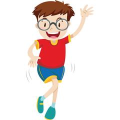 Joyful Cartoon Boy With Glasses Waving Hand And Smiling Wearing Red Shirt Blue Shorts In Transparent Background