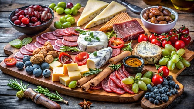 A delicious charcuterie board overflowing with assorted cured meats, cheeses, fruits, nuts, and olives, artfully arranged on a rustic wooden platter