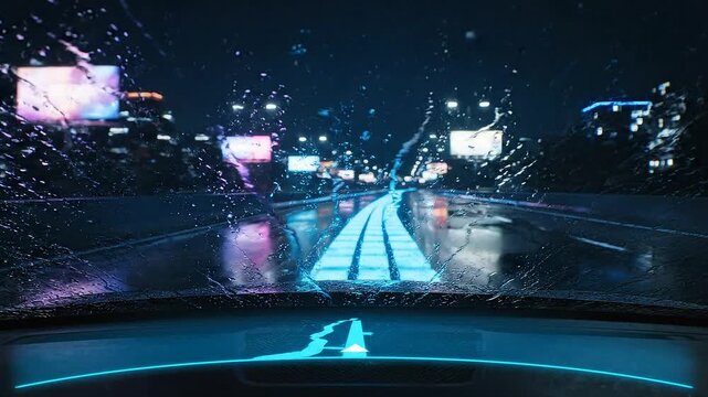 Futuristic city highway at night with holographic projection and rain on the windshield, advanced autonomous driving experience